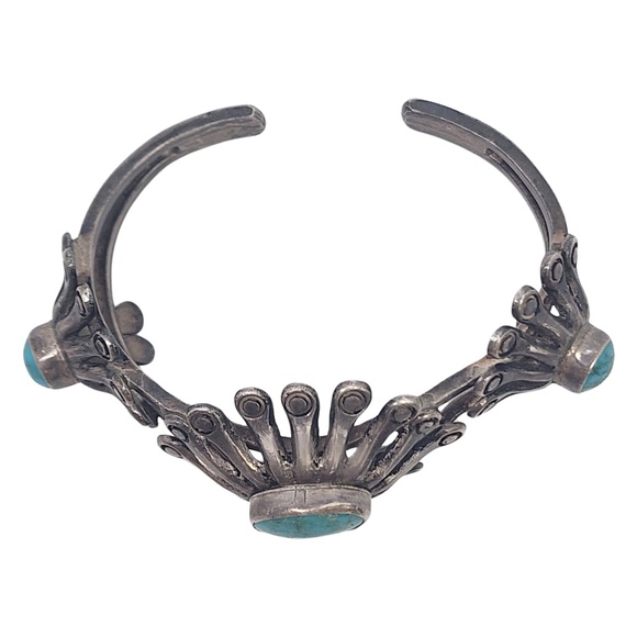 Native American Sterling Silver Turquoise Modern Flower Cuff Bracelet #18605 - Picture 5 of 9